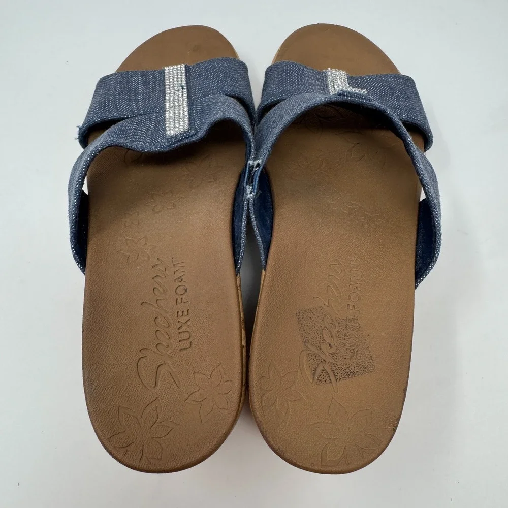 Sketchers Luxe Foam‎ Blue Denim Upper Slide Wedge Sandals 31721 Women's Size 9